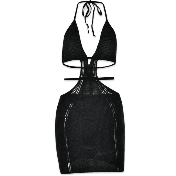 Cut Out Black Crochet Mini Dress | Sz S | Halter Tie, Backless | NWT - Picture 2 of 5